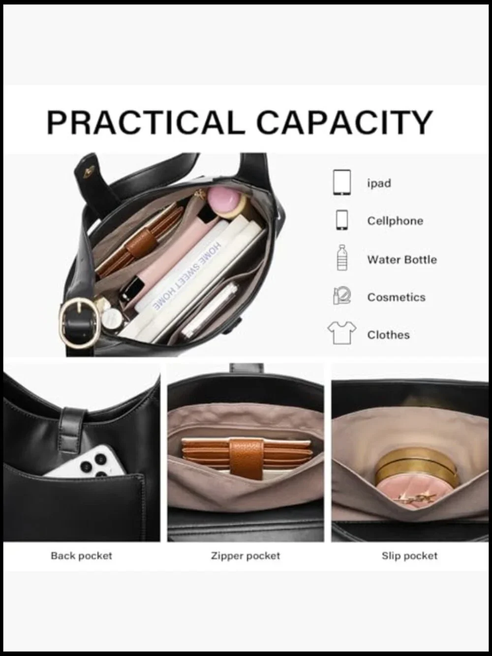 Slouchy Vegan Leather Hobo Shoulder Bag Magnetic Snap Closure Spacious